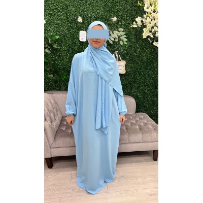 medina silksky blue prayer dress with integrated hijab 